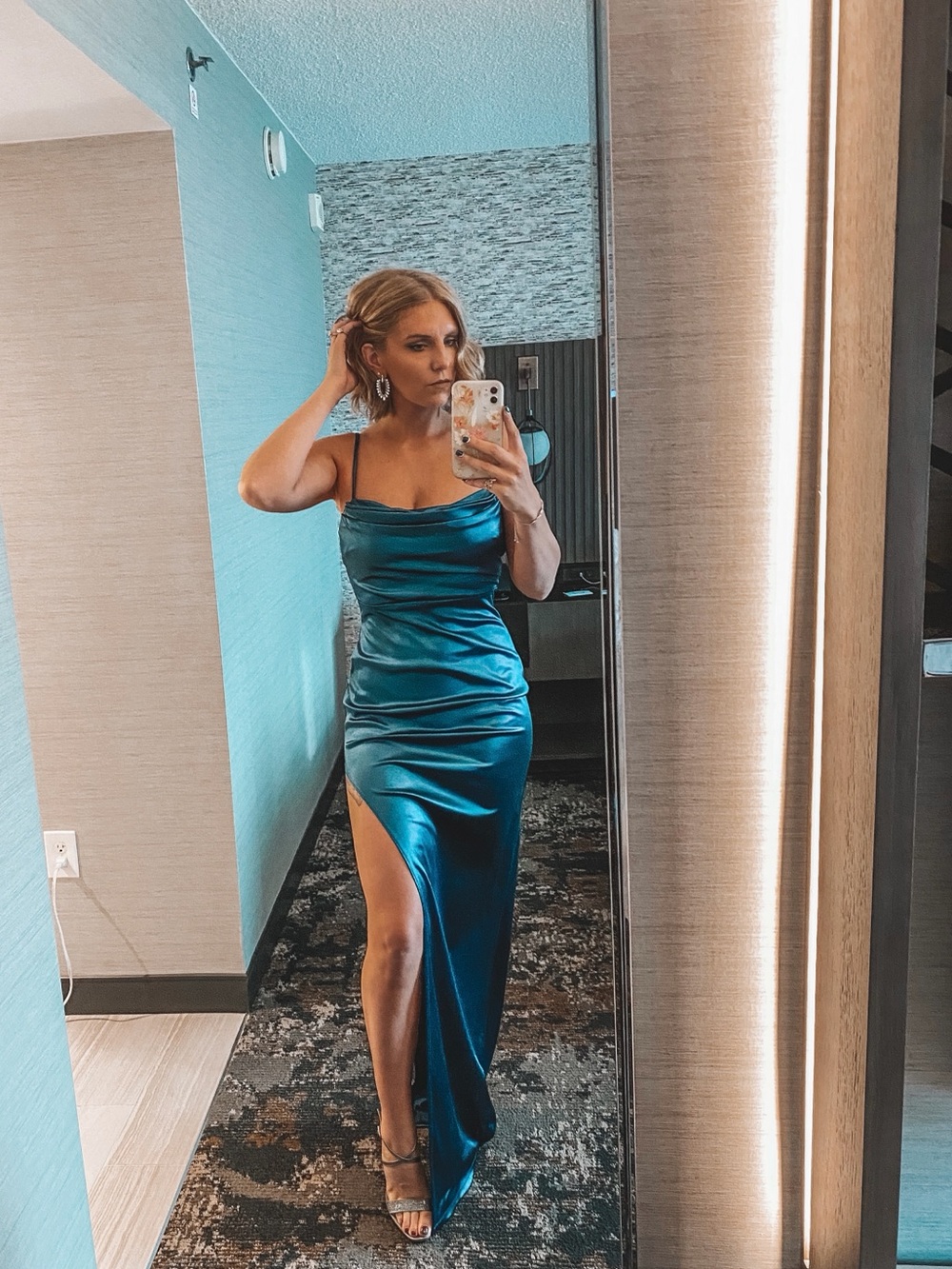 Windsor Teal Satin Cowl Neck Maxi Dress with Thigh Slit
